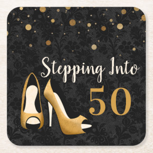 Gold Stepping into 50 Woman's Birthday Party Square Paper Coaster