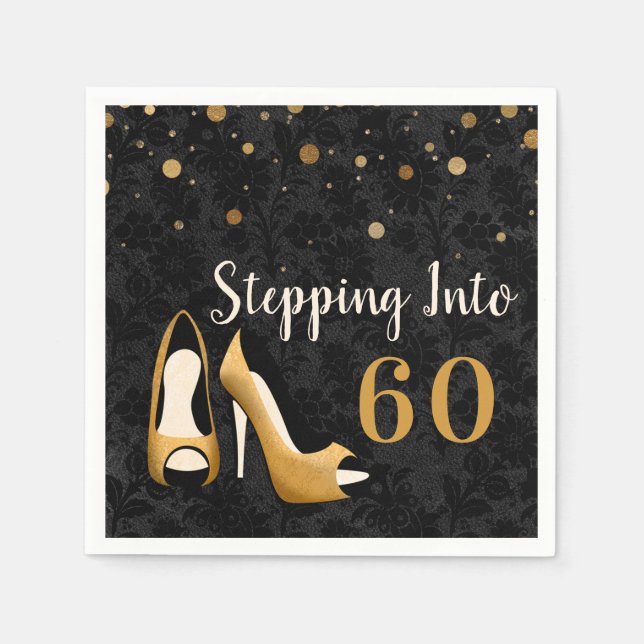 Gold Stepping into 60 Woman's Birthday Party Napkins (Front)