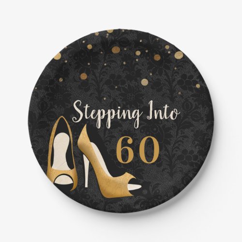 Gold Stepping into 60 Womans Birthday Party Paper Plates