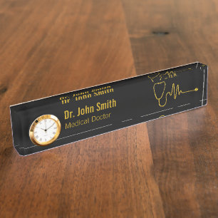 Gold Stethoscope ECG Wave EKG Line Medical Luxury Desk Name Plate