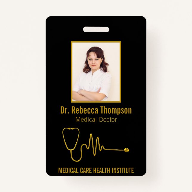Gold Stethoscope ECG Wave EKG Line | Photo ID Badge (Front)