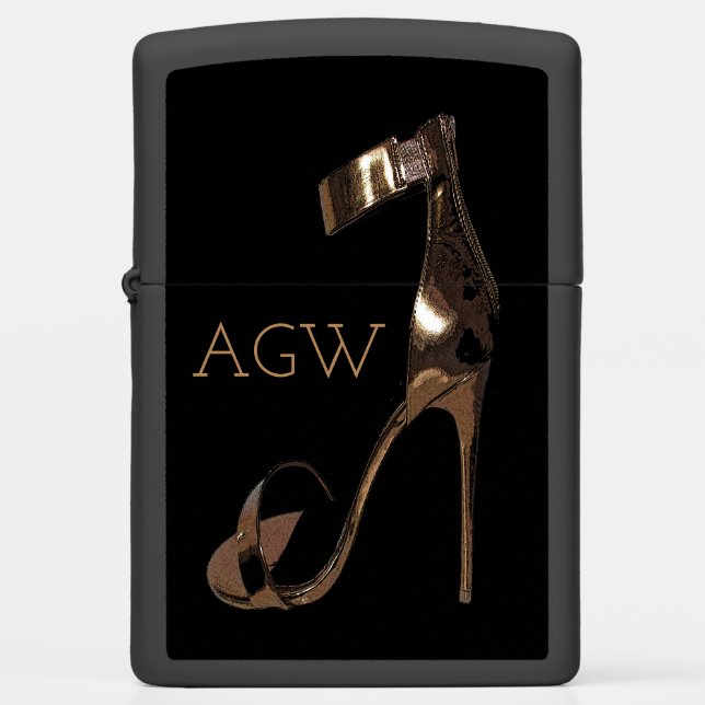 Gold stiletto high heeled shoe with monogram zippo lighter (Front)