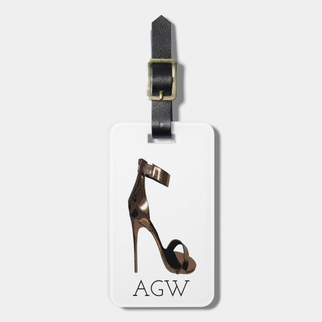 Gold stiletto sandles with your monogram luggage tag (Front Vertical)