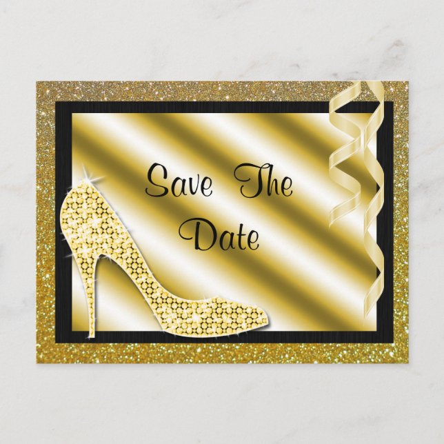 Gold Stiletto & Streamers Quinceañera Announcement Postcard (Front)