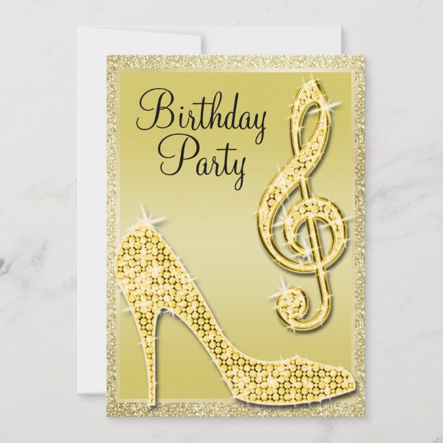 Gold Stiletto & Treble Clef Birthday Invitation (Front)