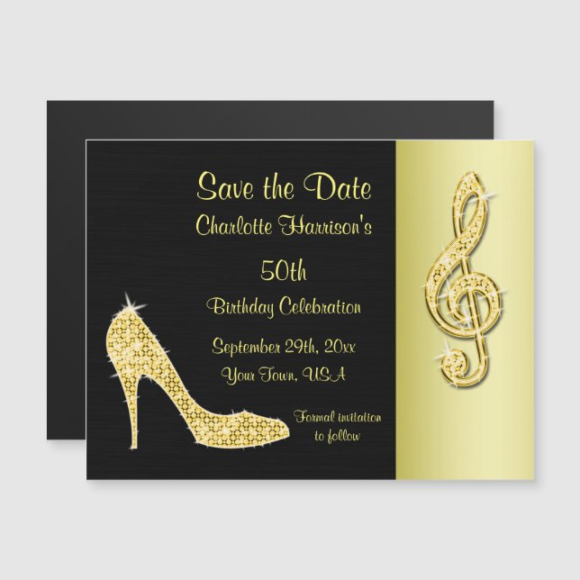 Gold Stiletto & Treble Cleft 50th Save The Date Magnetic Invitation (Front/Back)