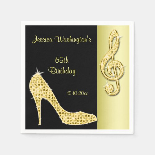 Gold Stiletto  Treble Cleft 65th Birthday Paper Napkins