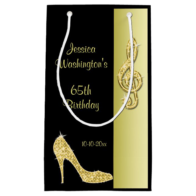 Gold Stiletto & Treble Cleft 65th Birthday Party Small Gift Bag (Front)