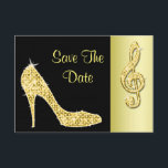 Gold Stiletto & Treble Cleft 70th Save The Date<br><div class="desc">Women's personalized, elegant custom double sided 70th Birthday Party Save The Date cards for birthday parties with glitz and glamour. Woman's beautiful gold and black save the date card with a stunning glamorous printed image rhinestones, glitter, sequins, diamonds bling jewels sparkle high heels stilettos fashion shoe, and glittery gold treble...</div>