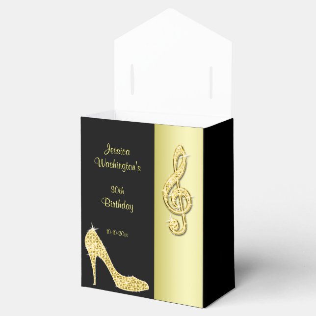 Gold Stiletto & Treble Cleft Birthday Favor Boxes (Opened)