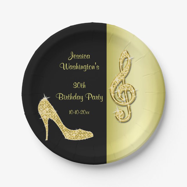Gold Stiletto & Treble Cleft Birthday Paper Plates (Front)