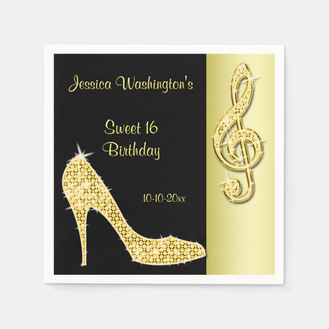 Gold Stiletto & Treble Cleft Sweet 16 Napkins (Front)