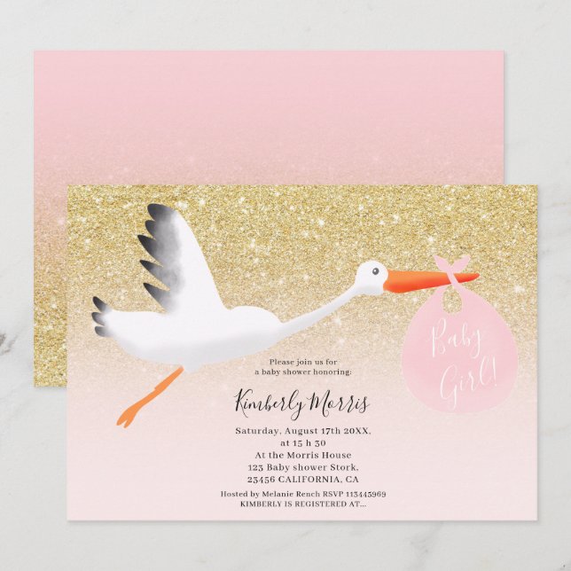 Gold stork glitter illustration baby girl shower invitation (Front/Back)