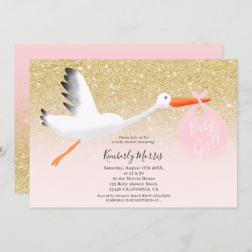 Gold stork glitter illustration baby girl shower invitation