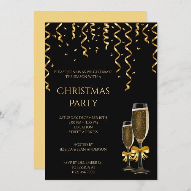 Gold Streamers & Champagne Christmas Invitation (Front/Back)
