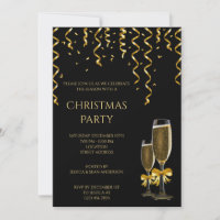 Gold Streamers & Champagne Christmas Invitation