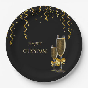 Gold Streamers & Champagne Christmas Paper Plates