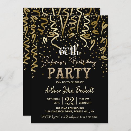 Gold Streamers  Confetti Surprise Birthday Party Invitation