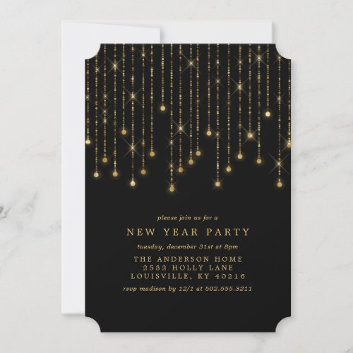 Gold String Lights Chic Black New Years Eve Party Invitation