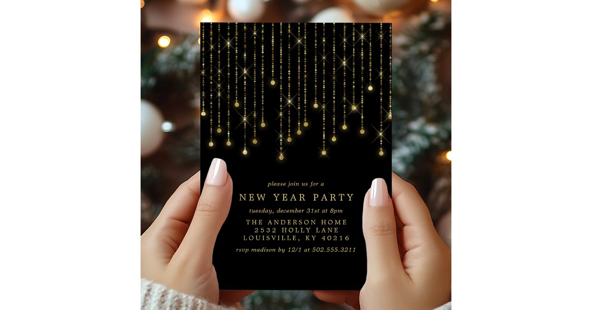 Gold String Lights Chic Black New Years Eve Party Invitation | Zazzle