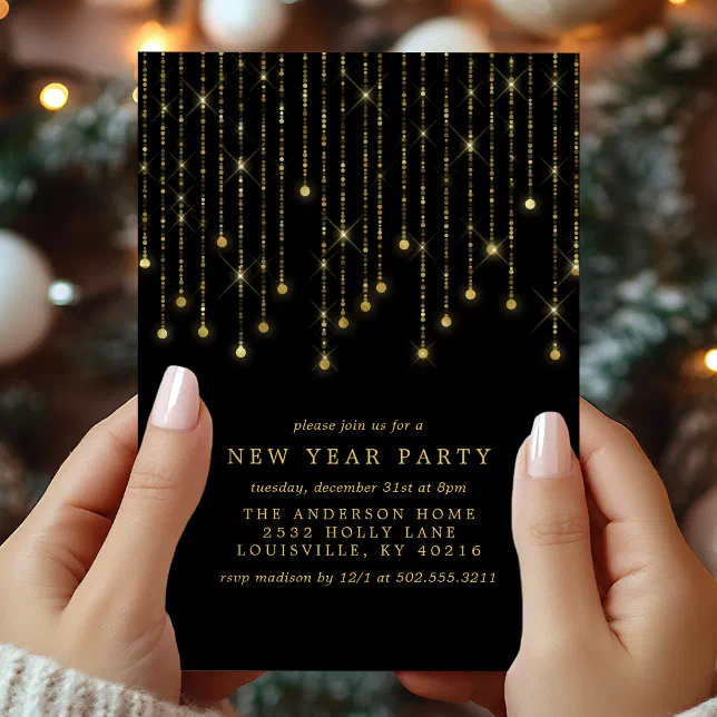Gold String Lights Chic Black New Years Eve Party Invitation | Zazzle