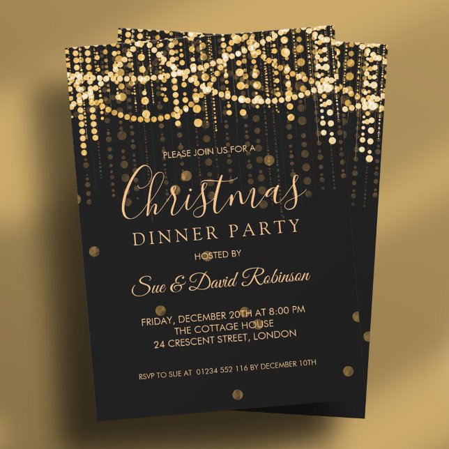 Gold String Lights Christmas Holiday Dinner Party Invitation (Gold String Lights Christmas Holiday Dinner Party Invitation)