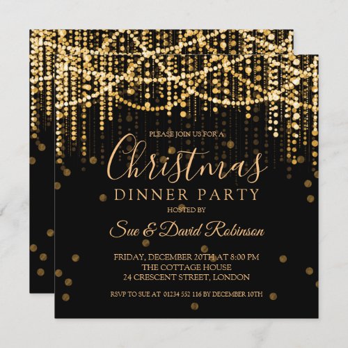 Gold String Lights Christmas Holiday Dinner Party Invitation