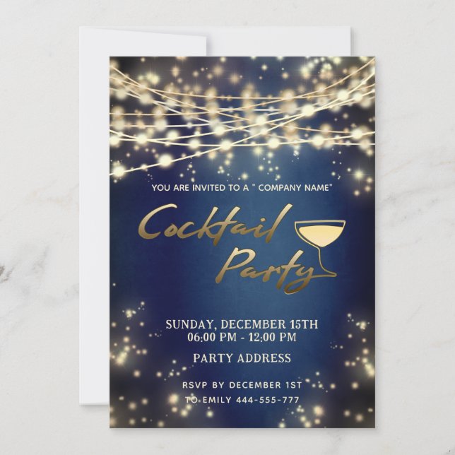 Gold string lights corporate Cocktail party  Invitation (Front)
