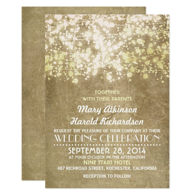 Gold String Lights Glam Elegant Vintage Wedding Invitation