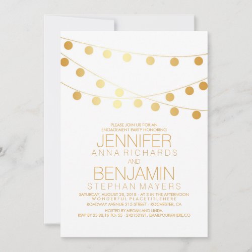 Gold String Lights Modern White Engagement Party Invitation