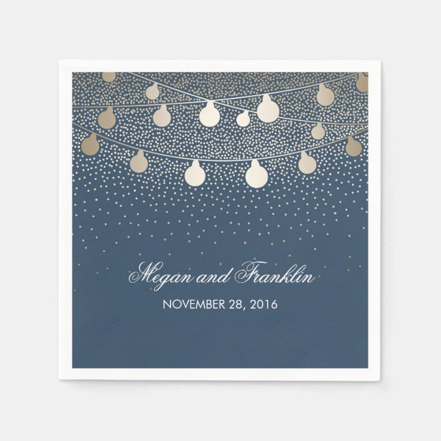 Gold String Lights Navy Wedding Paper Napkins (Front)