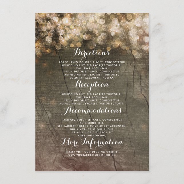 Gold String Lights Rustic Wedding Details Enclosure Card (Front)