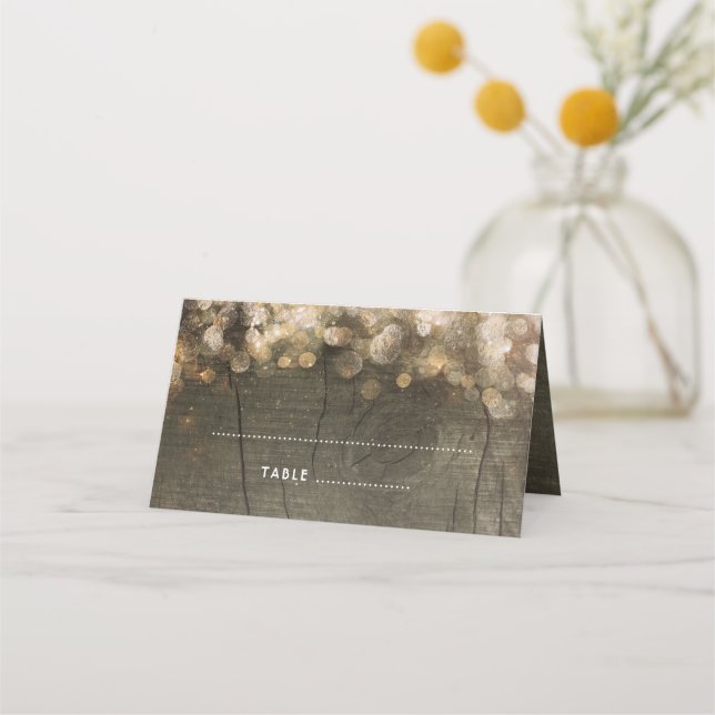 Gold String Lights Rustic Wood Barn Wedding Place Card (Front)