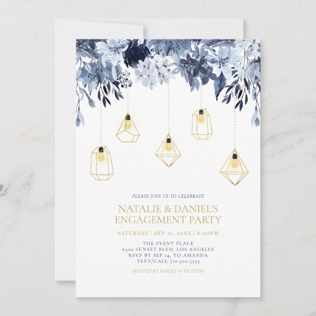 Gold String Lights, Winter Floral Engagement Party Invitation (Front)
