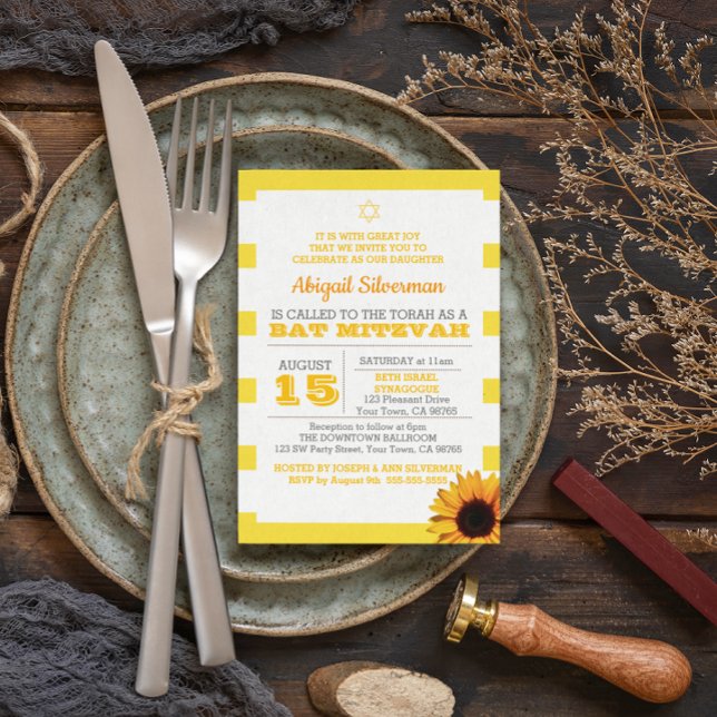 Gold Stripe and Sunflower Bat Mitzvah Invitation (Creator Uploaded)