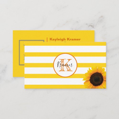 Gold Stripe and Sunflower Monogrammed Business Card