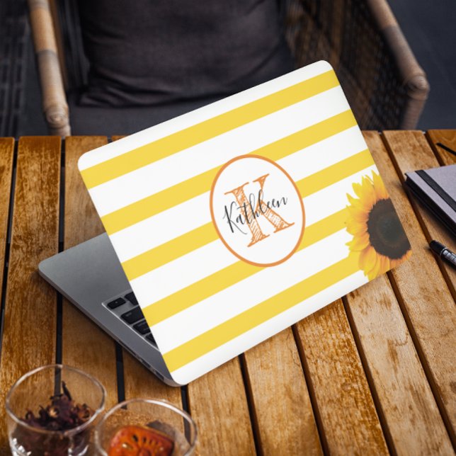 Gold Stripe and Sunflower Monogrammed HP Laptop Skin (Creator Uploaded)