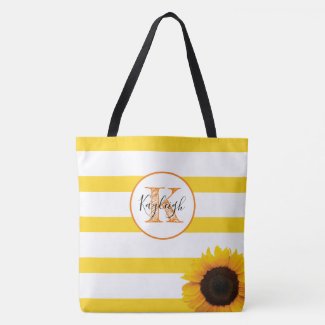 Gold Stripe and Sunflower Monogrammed Personalized Tote Bag