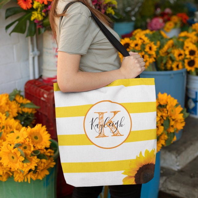 Gold Stripe and Sunflower Monogrammed Personalized Tote Bag (Creator Uploaded)