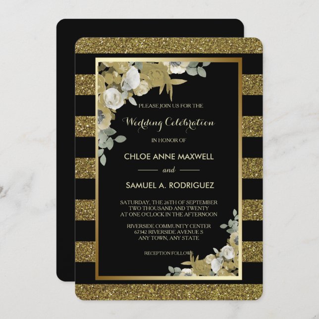 Gold Stripe Bronze Roses Wedding Invitation (Front/Back)