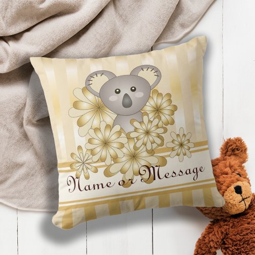 Gold Stripe Cute Baby Koala Boy Girl Nursery Throw Pillow