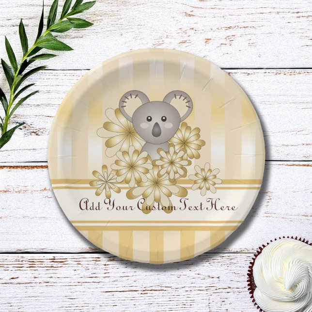 Gold Stripe Cute Koala Baby Shower / Kids Birthday Paper Plates (Creator Uploaded)