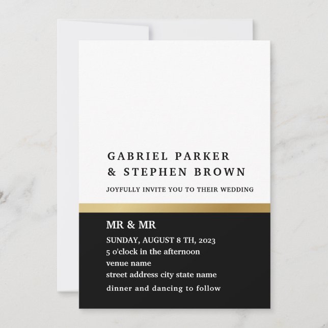 Gold stripe. Elegant black and white gey Wedding Invitation (Front)