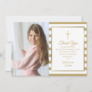 Gold Stripe First Holy Communion Photo Thank You Card