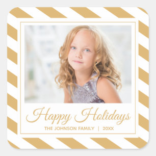 Gold Stripe Happy Holidays Photo Square Sticker