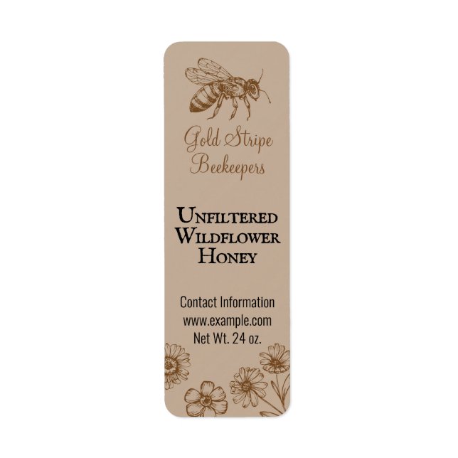 Gold Stripe Honeybee Floral Small Honey Jar Label (Front)