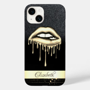 Gold Stripe, Metallic Dripping Lips Black Glitter Case-Mate iPhone 14 Case