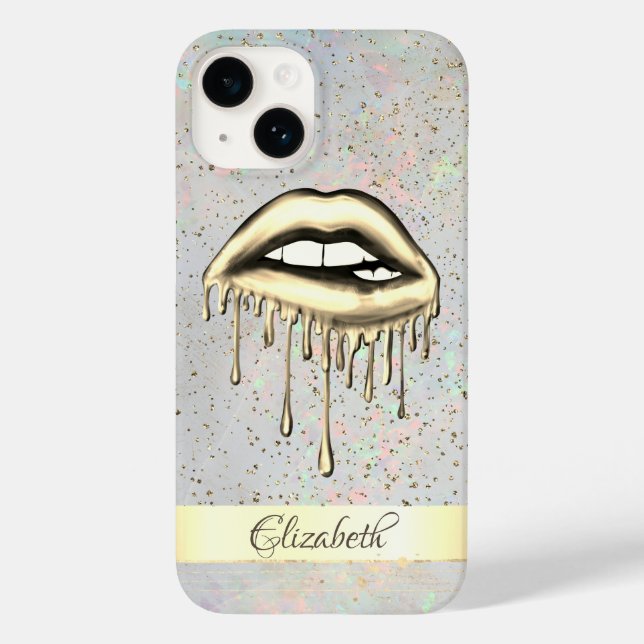 Gold Stripe, Metallic Dripping Lips Holographic Ca Case-Mate iPhone Case (Back)
