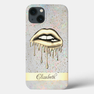 Gold Stripe, Metallic Dripping Lips Holographic iPhone 13 Case