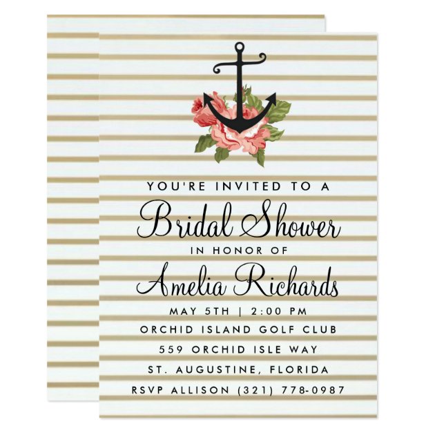 Gold Stripe Nautical Anchor Bridal Shower Invite